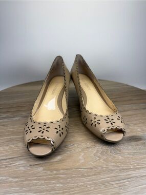 Enzo‎ Angiolini Beige Laser-Cut Peep-Toe Pumps